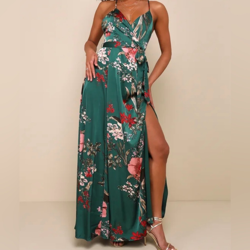 Lulus Emerald Green Floral Silk Dress Large